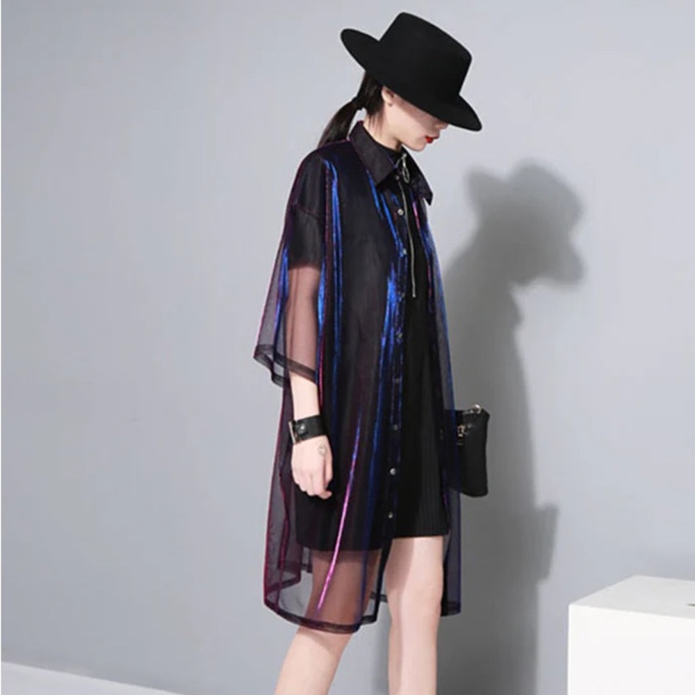 Marigold Shadows Reece Sheer Shimmer Shirt Dress in Rose Red Blue